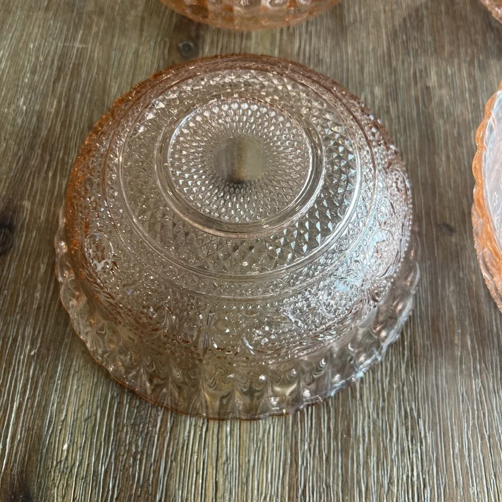 6 Vintage Pink Depression Glass Bowl Diamond Trellis & Fleur de Lis Pattern 7